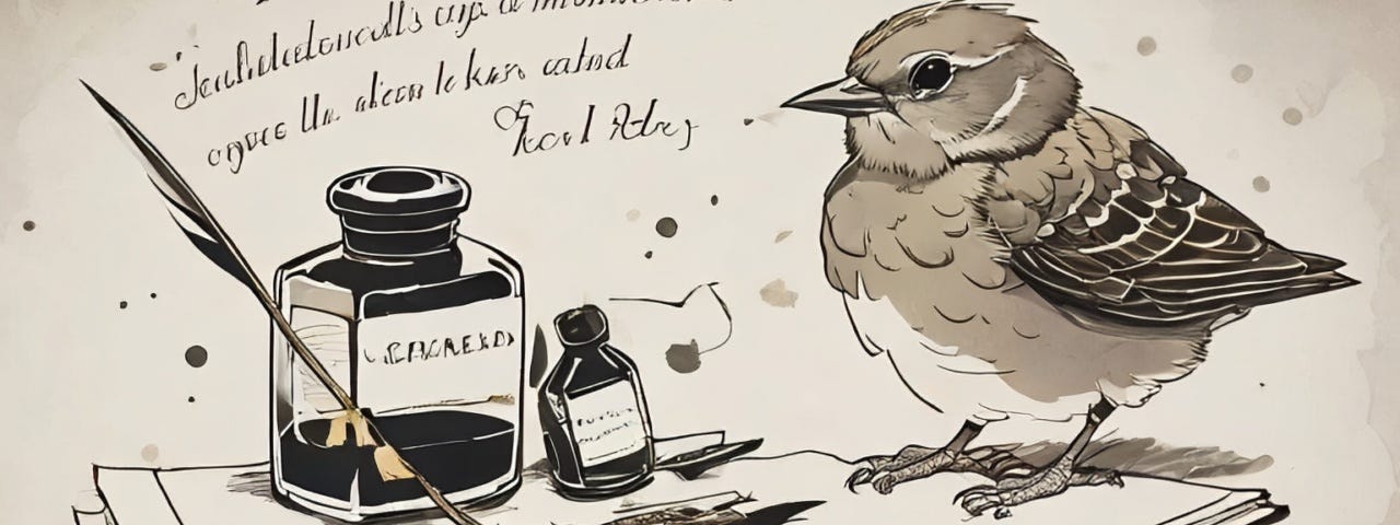 a quill, ink, and a small bird.