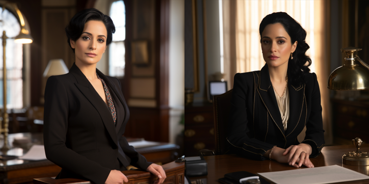 Two images side by side. On the left, a woman with short black hair, wearing a dark suit with a subtle patterned blouse, stands confidently by a desk in a well-appointed office. On the right, the same woman is seated at the desk, donning a black suit with a cream blouse, exuding professionalism and authority, with office supplies and a brass desk lamp in the background.