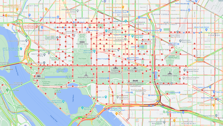 City map of downtown DC. Red dots mark all of the street closures.