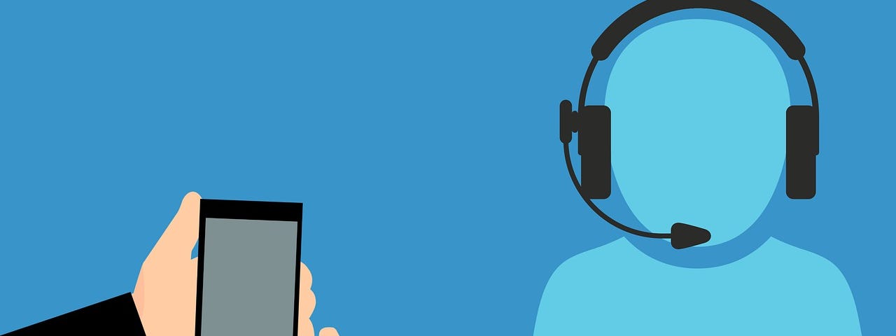 IMAGE: On a blue background, a drawing of a customer service representative with a headset and a customer using a smartphone