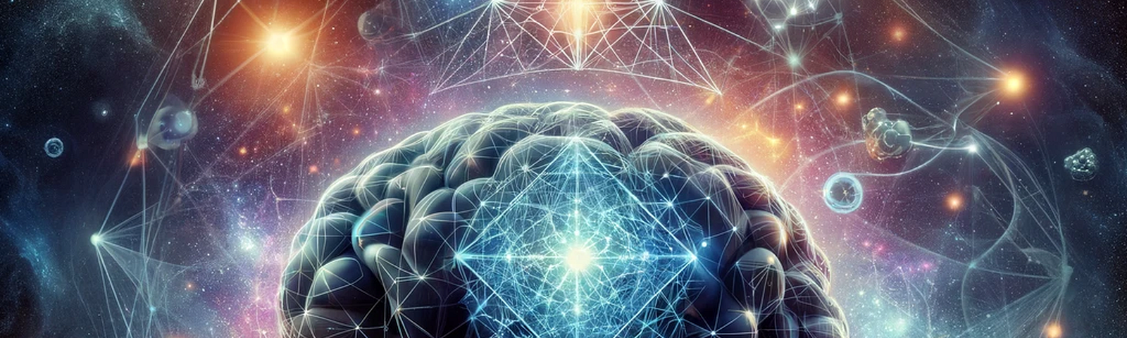 conceptual illustration of a human brain, depicted with glowing microtubules and surrounded by swirling quantum particles. The brain is set against a cosmic backdrop filled with stars, representing the multiverse. It incorporates abstract geometric shapes like tetrahedrons and spheres, suggesting the geometric encoding of quantum information in a mix of realism and abstract art.