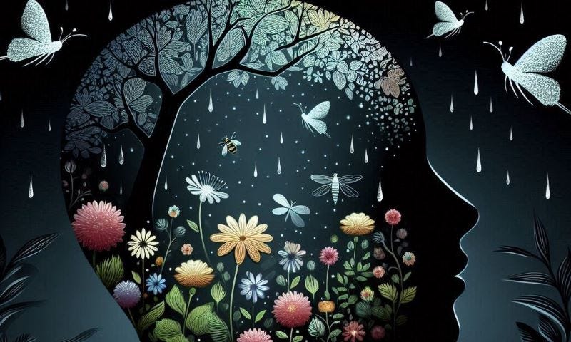 On a dark background is a transparent silhouette of a person’s head; inside the head is a beautiful flower garden with birds, dragonflies, and bumble bees. A large leafy tree overhangs the garden. The image represents the person’s imagination. Tiny raindrops in the shape of pearls are lightly falling in the dark background.