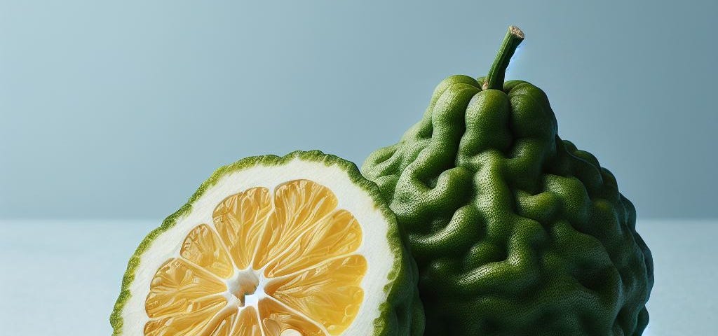 a split open bergamot citrus fruit on a light blue backdrop