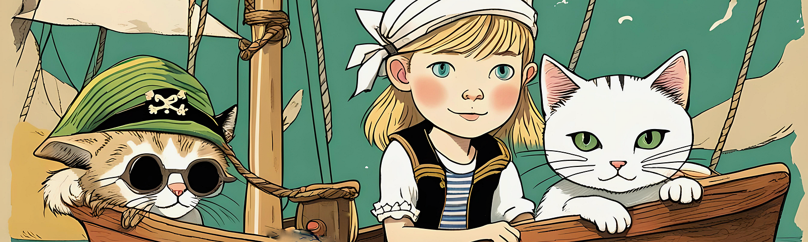 Illustration of a young girl with white and tabby cats out to sea in an old wooden boat.