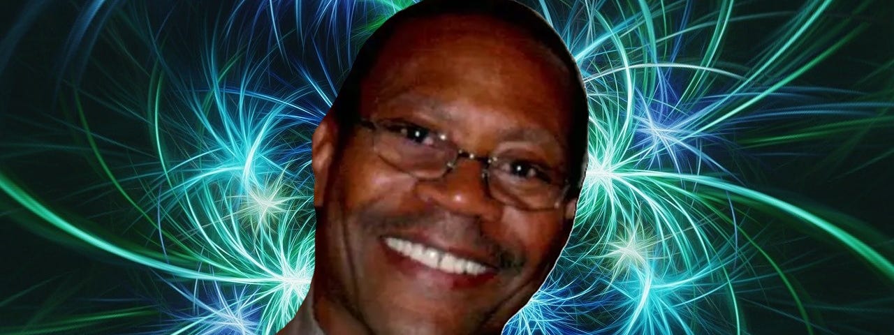 Abstract image of light flashes and head shot of Crockett Trotter