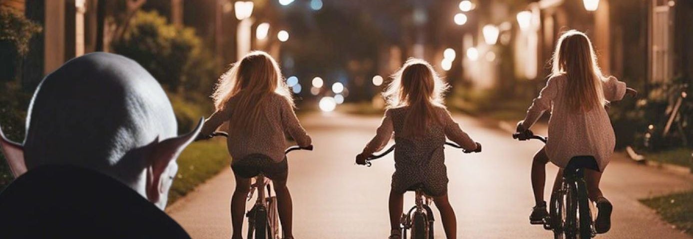 Three little girls riding bikes with a vampire trailing them