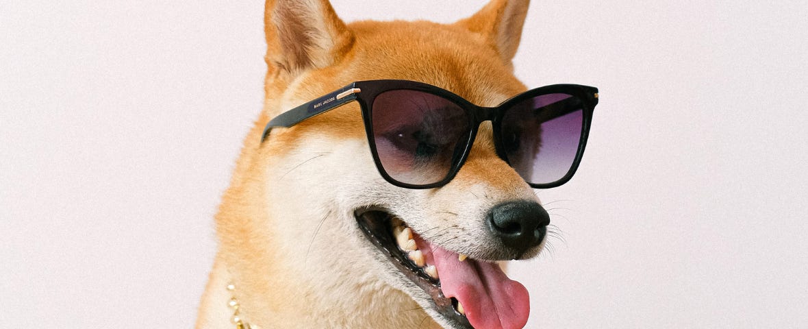 A picture of a Shiba Inu dog wearing sunglasses, the symbol of the Dogecoin cryptocurrency