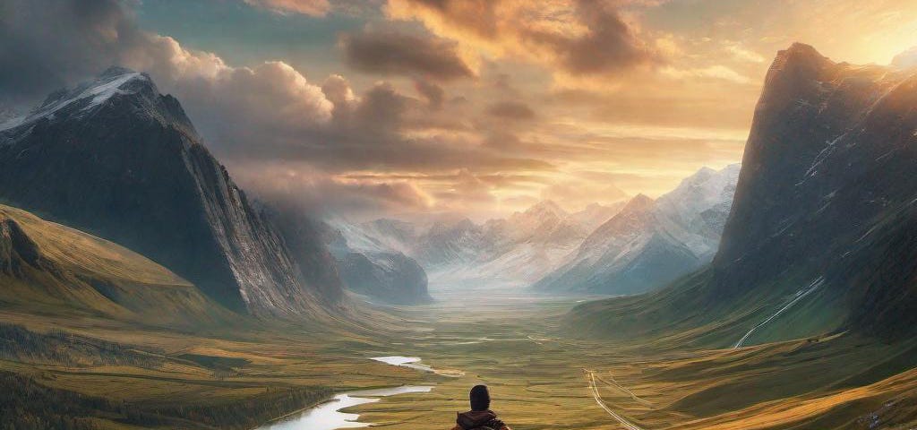 A man standing in a valley overlooking to two mountain ranges