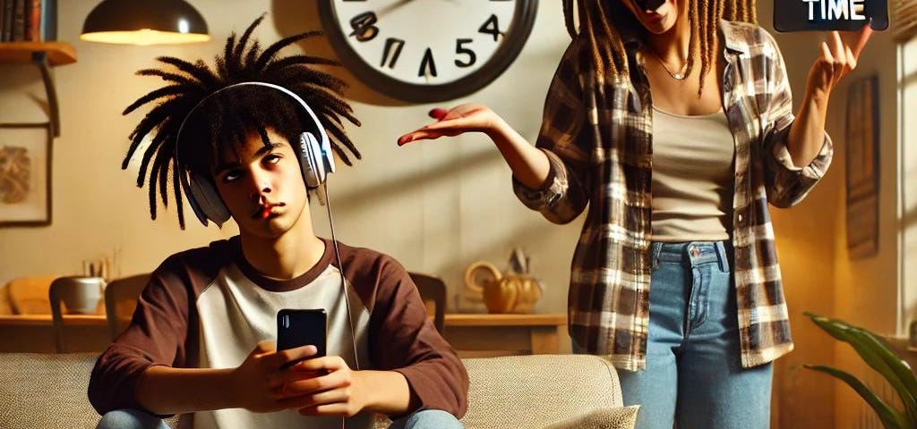 A humorous and relatable scene of a modern mother of color with dreadlocks gesturing animatedly, emphasizing timekeeping, while her teenage son sits on a couch wearing headphones, rolling his eyes, and holding his phone. A wall clock in the background highlights the theme of punctuality. The setting is a cozy living room with warm lighting and scattered family items.