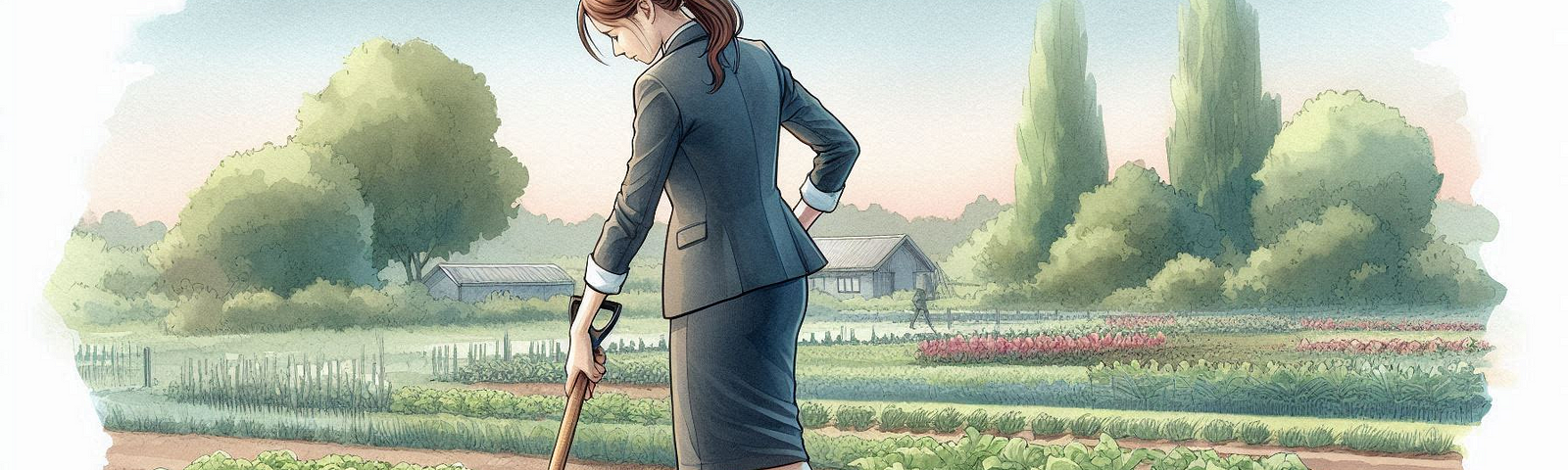an image of a woman in a professional suit tending to her garden