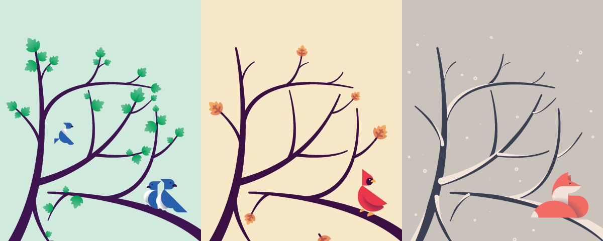 Illustration of a tree experiencing different seasons