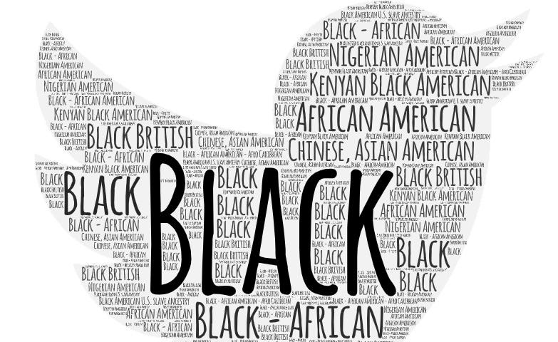 Word cloud in the shape of the Twitter logo (a right facing bird) comprising mostly of the word “Black” with a large “Black” in the middle of the bird.