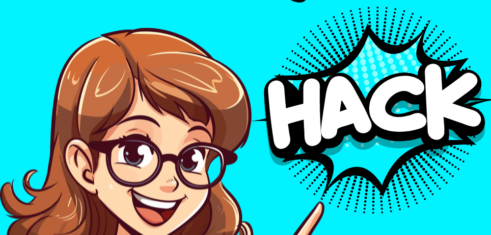 The image features a cheerful, cartoon-style female teacher with brown hair and glasses, pointing towards a comic-style speech bubble containing the word “HACK.” The background is a bright, solid blue color, and the word “TEACHER” is written in bold, black letters above her with a small heart symbol next to it. The teacher’s expression is friendly and enthusiastic, suggesting that she is sharing a useful tip or trick for educators. The overall design is playful and engaging, aimed at catching th