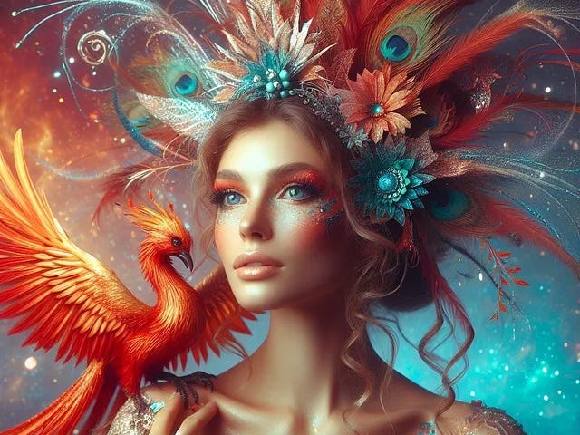 A lavishly dressed woman looks hopefully into the distance with a small phoenix on her shoulder