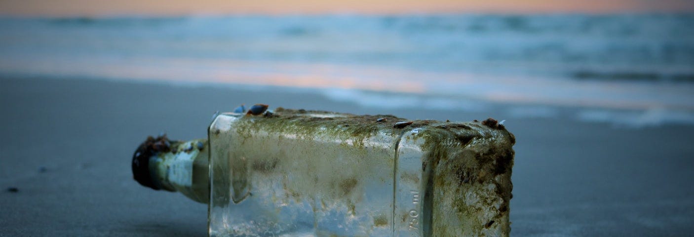 Message in a bottle on a beach.