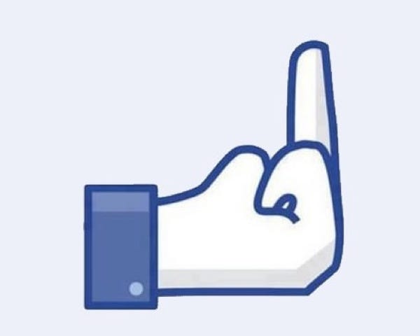 A drawing of a hand reminiscent of the Facebook Like icon, but with the middle finger drawn instead of the thumb
