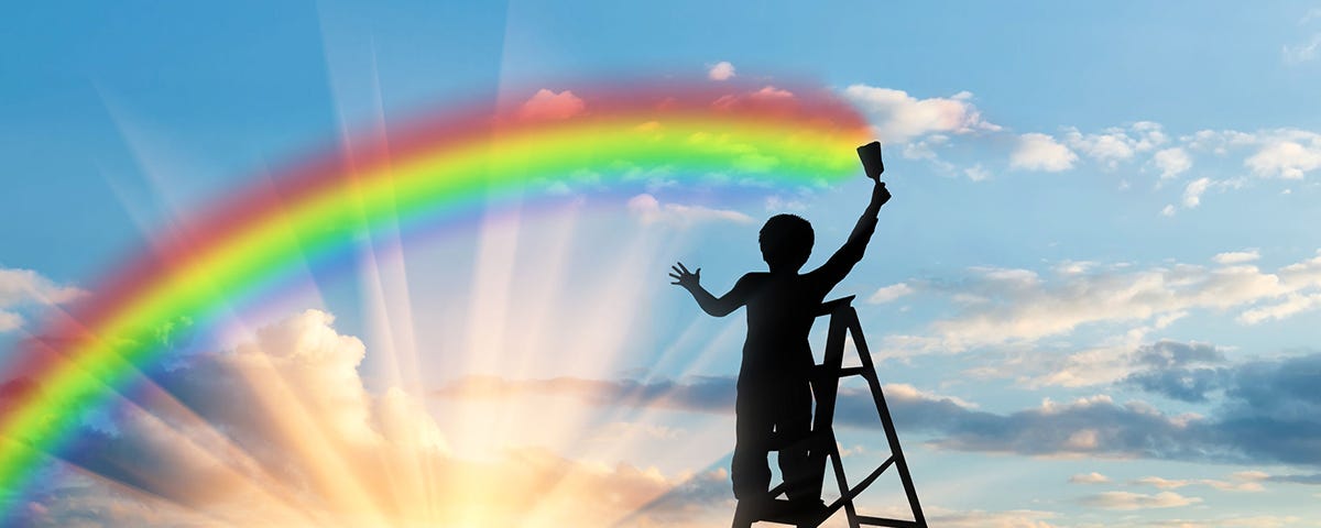 Child on ladder painting a rainbow before a bright sunrise