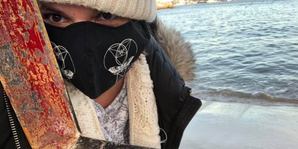 Gina Pacelli in a Vampfangs mask, Half Moon Beach, Gloucester, Massachusetts