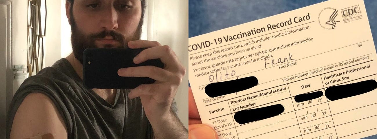 The author’s vaccinated arm (left) and the COVID-19 vaccination record card (right).