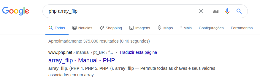 Página de pesquisa do Google, com a frase “array_flip php” na barra de busca