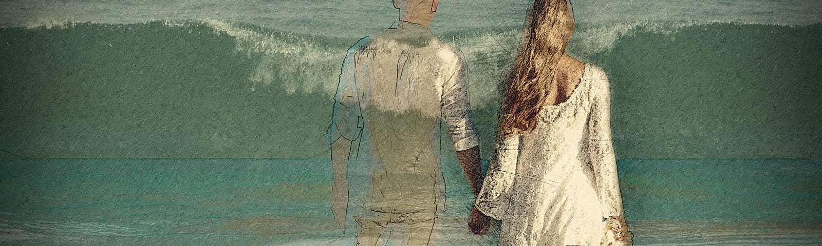 illusionary pair couple walking on beach