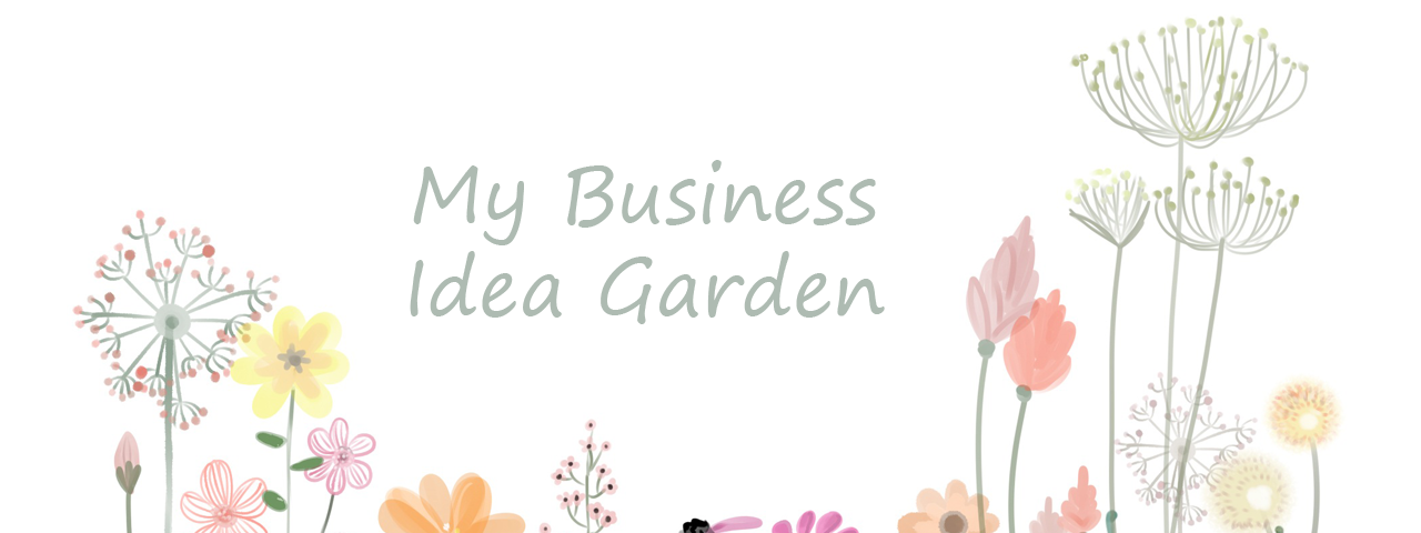 A drawing of flowers in soft pastel tones, with the text “My Busines Idea Garden” written over them in equally soft pastel greem color.