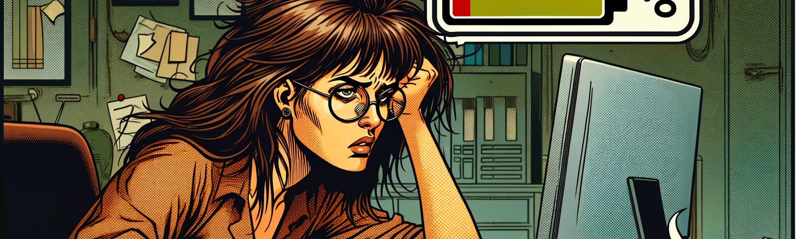 An exhausted woman with glasses looks at her computer monitor while resting her face on her left hand. On the top right hand corner there’s a battery icon depicting low energy.