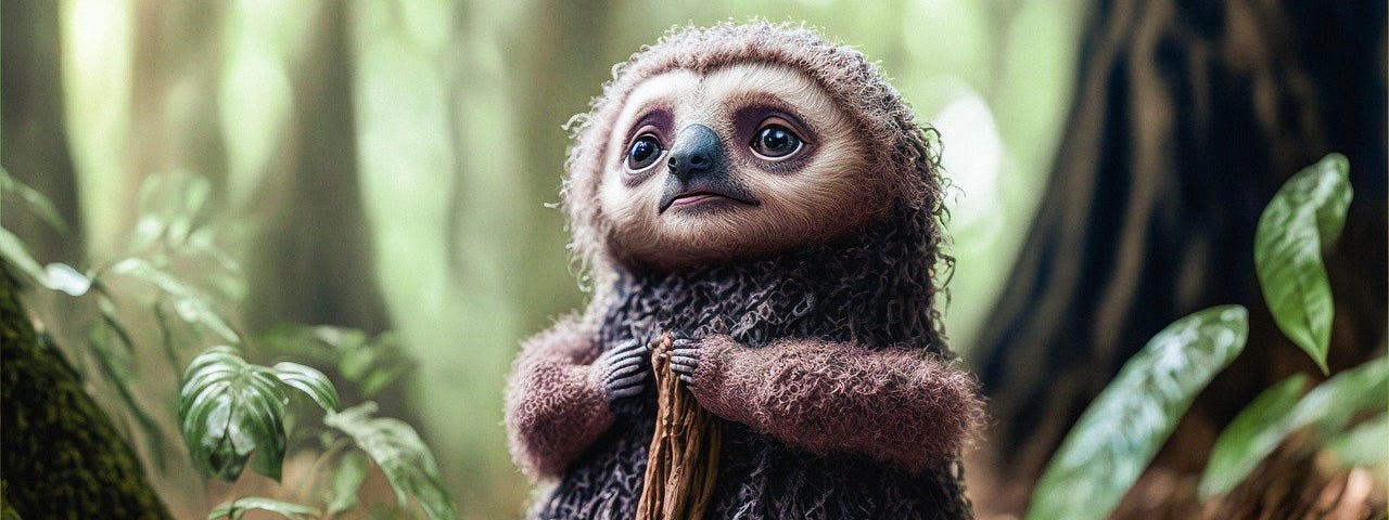 AI generated image of a small Sloth in a forest. It looks fluffy like a worn out stuffed doll, and holds a wooden stick or bunch of dry roots.