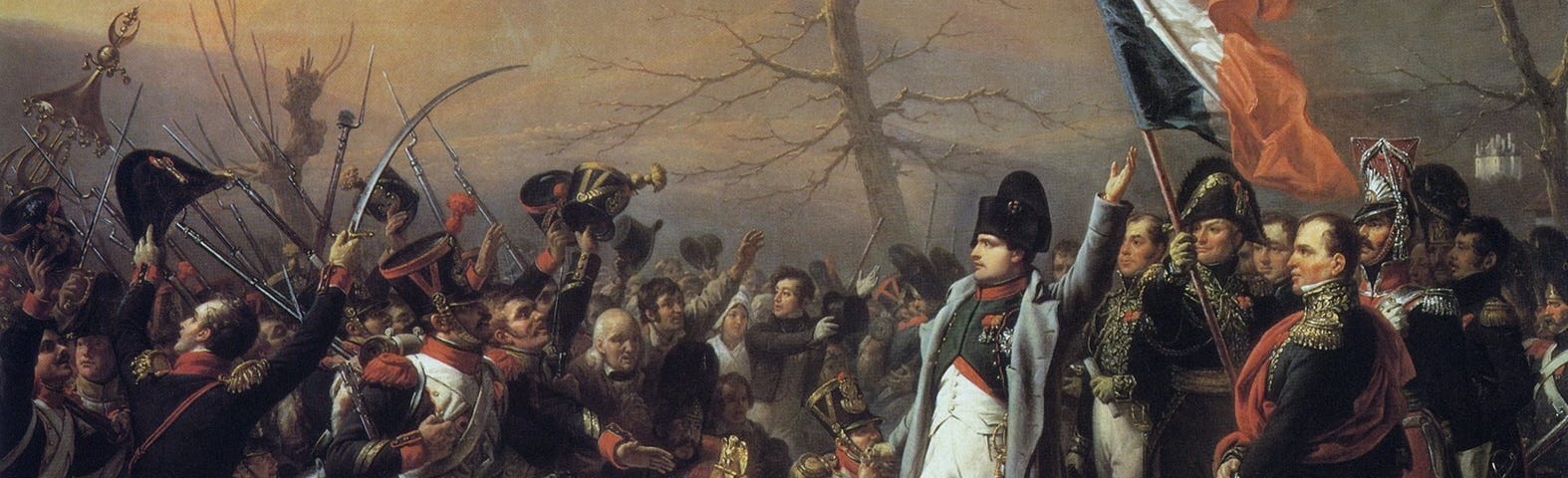 Napoleon arrives in France from Exile. Troops flock to him and his banner in a scene of jubilation.