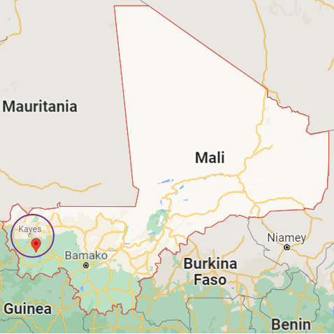 Map of Mali, with city of Kayes in Western Mali featured.