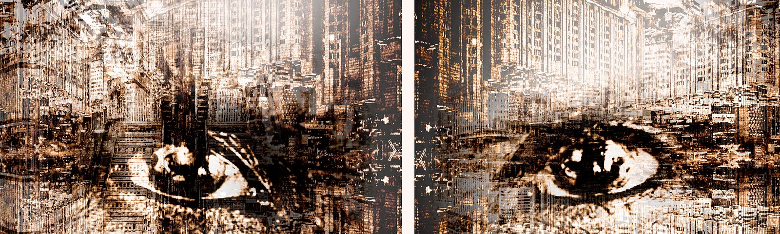 Image in 2 layers. First; 2 eyes looking straight at you. Second; patterns created out of skyline photos. All In brown and white tones. Without the thoughts there will be on thinker.