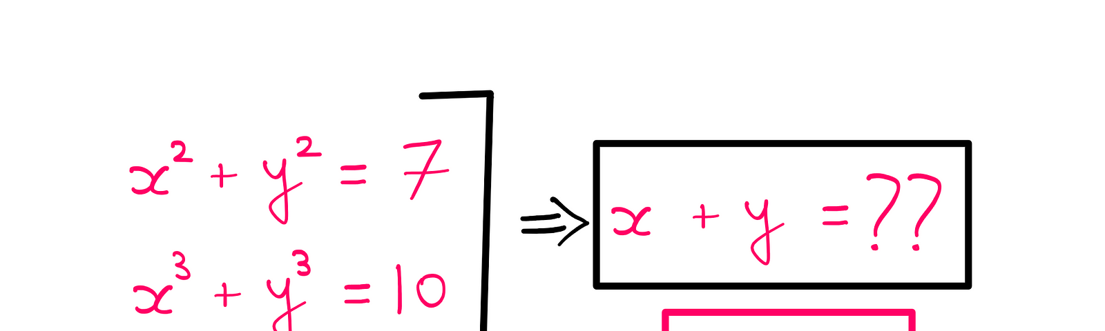 How To Really Solve This Tricky Algebra Problem? (IV) — An image showing the following equations on the left: x² + y² = 7 and x³ + y³ = 10. On the right, the following equation is written: x + y = ??. Below this equation, the following information is provided in a box: x,y ∈ ℝ.