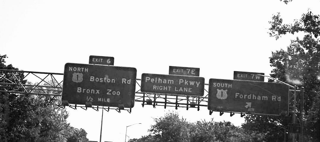 Bronx River Parkway photo from dashboard Exit Fordham Road Bronx in Black and White. Photo property of Author.