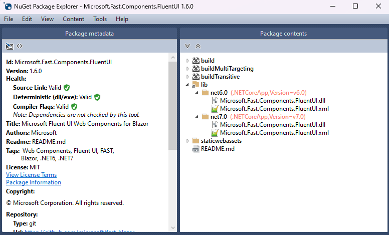 NuGet explorer view of the Fluent UI package