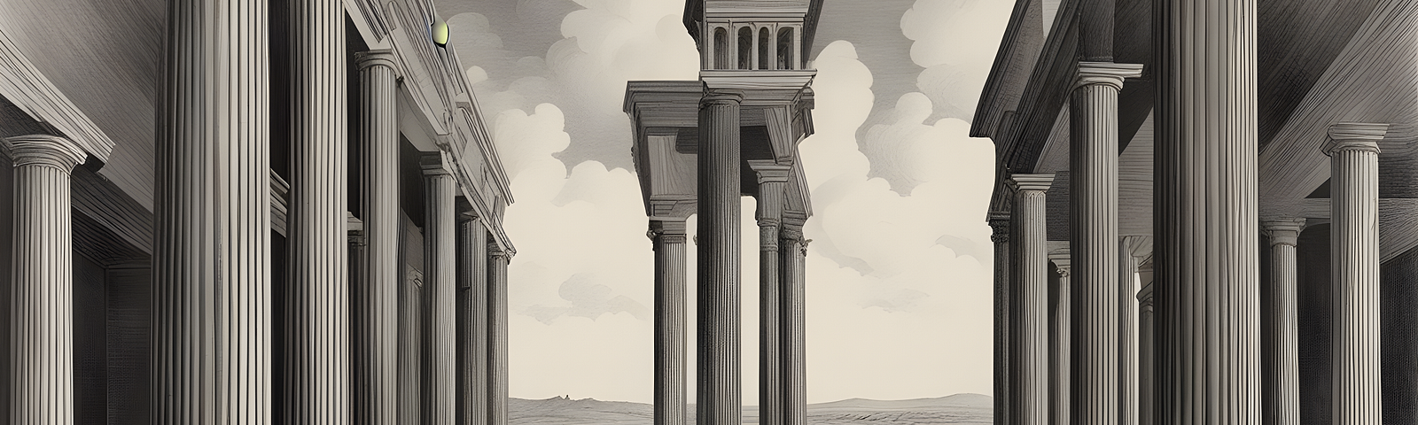 An Escher-style drawing with pillars and fields