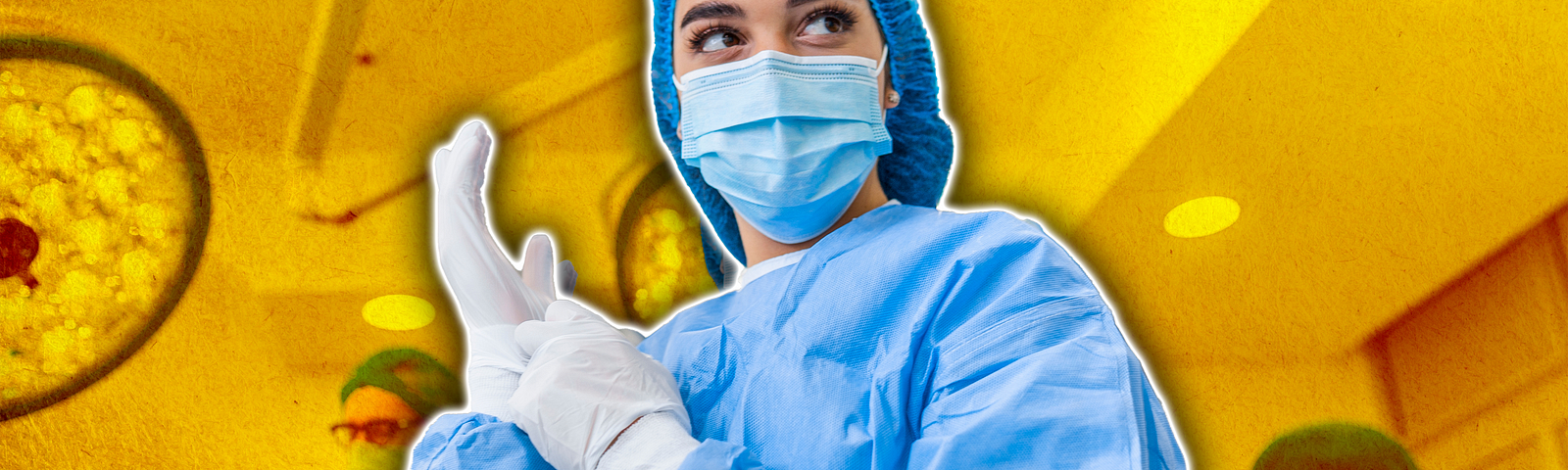 Artistic photo of a woman in scrubs in front medical staff in a hospital room