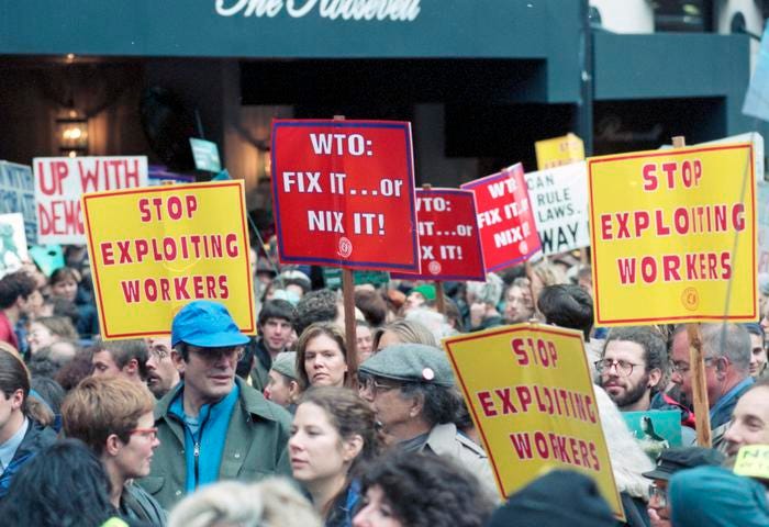 Crowd on 7th Avenue in Seattle, Washington Nov. 29, 1999 protesting against the World Trade Organization.