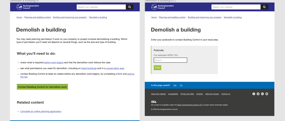 Prototype in Figma showing two pages of the ‘demolish a building’ user journey written in GOV.UK format