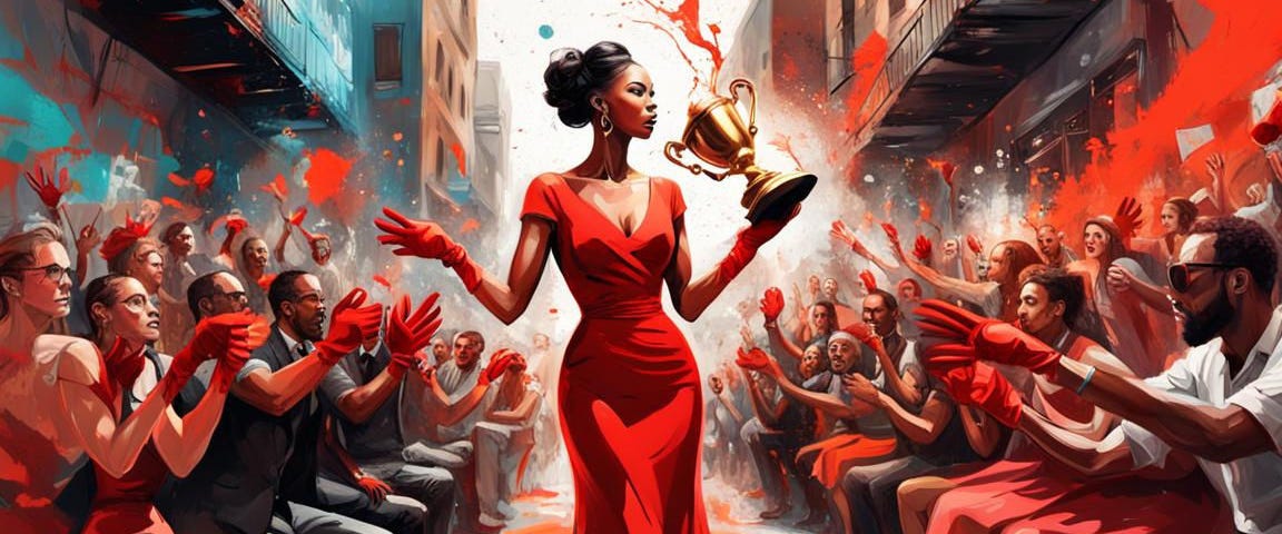 A woman wearing red holding a trophy.