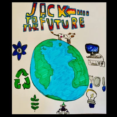 “Jack to the future” art by 8yo Jack depicting our planet and symbology of interest to Jack.
