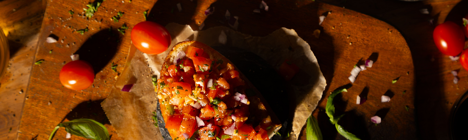 Bruschetta: A Delicious Blue Zones-Inspired Appetizer on a cutting board