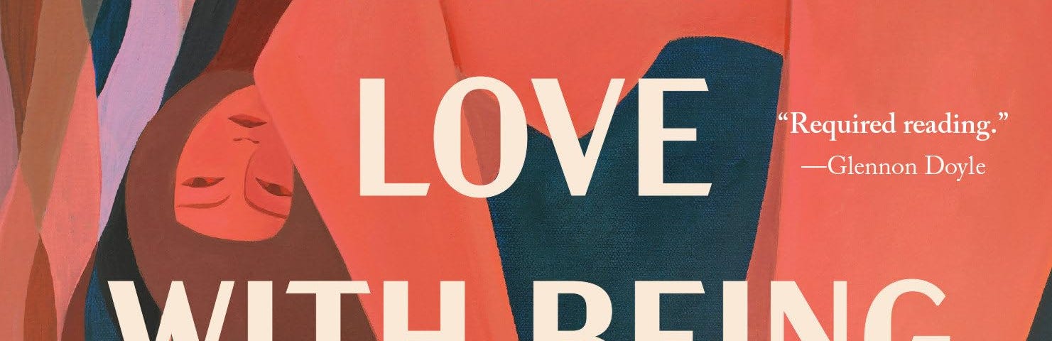 The cover of Falling Back in Love with Being Human by Kai Cheng Thom has a painting of an unclothed woman bending forward on the cover and looking at the viewer.  Her skin is a dark, warm peach color and her hair is long and brown.
