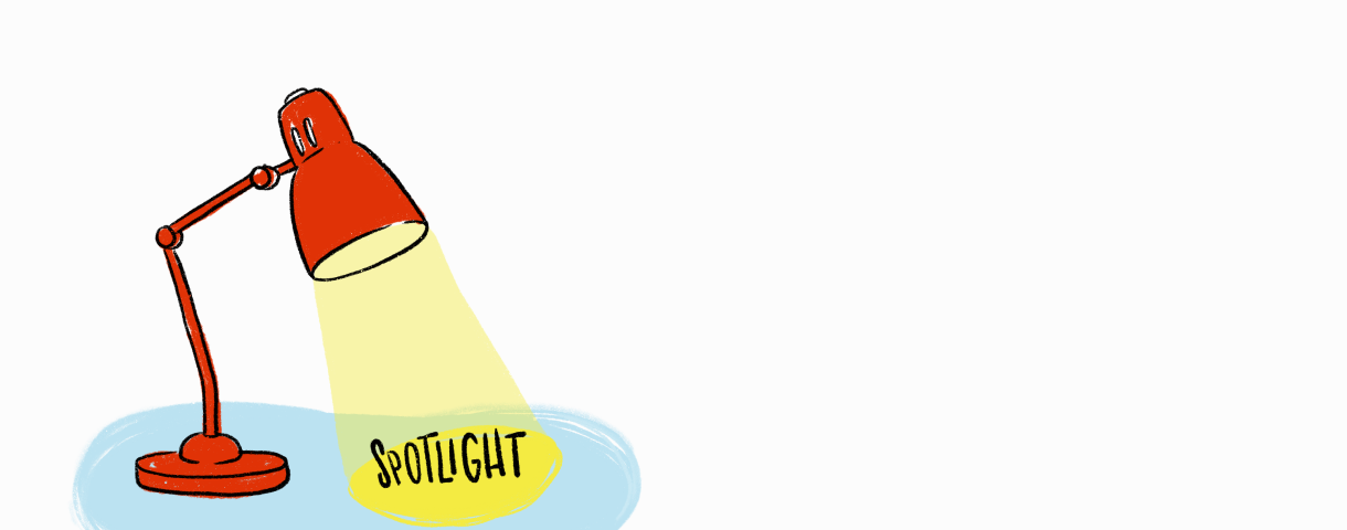 a drawing of a desk lamp shining a light with the word Spotlight in its beam