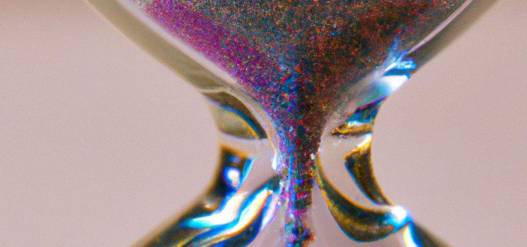 Close up of an hour glass filled with multi-colored sand