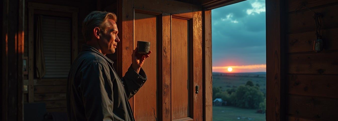 A man holding a coffee mug at his doorway, contemplating the changes in his life.
