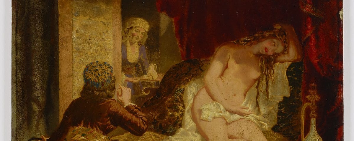 A figure kneels in front of a nude woman reclining on a sofa as another figure enters the room in the background bearing a tray