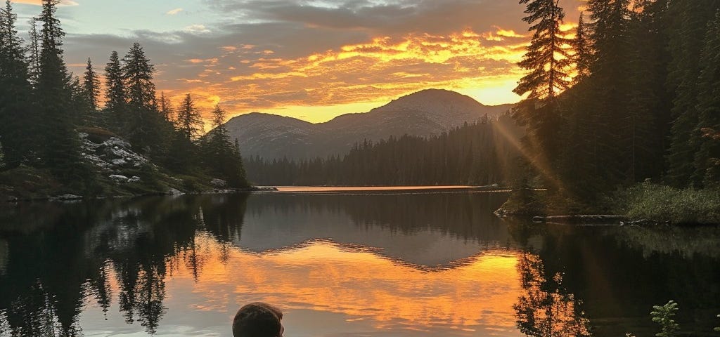 Man enjoys sunrise while camping along a lake.