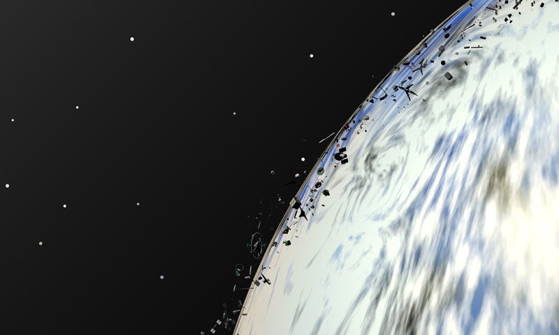 Artistic rendering of a celestial body with a halo of space junk.