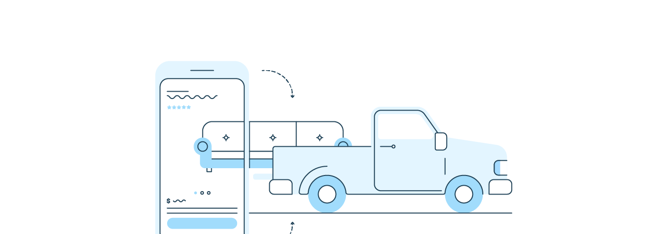 An illustration of the journey of a digital shopping experience with a mobile phone, couch , and truck picking up an order.