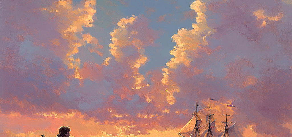 image of a man sitting in a beach chair looking at the ocean, a sailing ship in the distance, cotton candy clouds in the sky